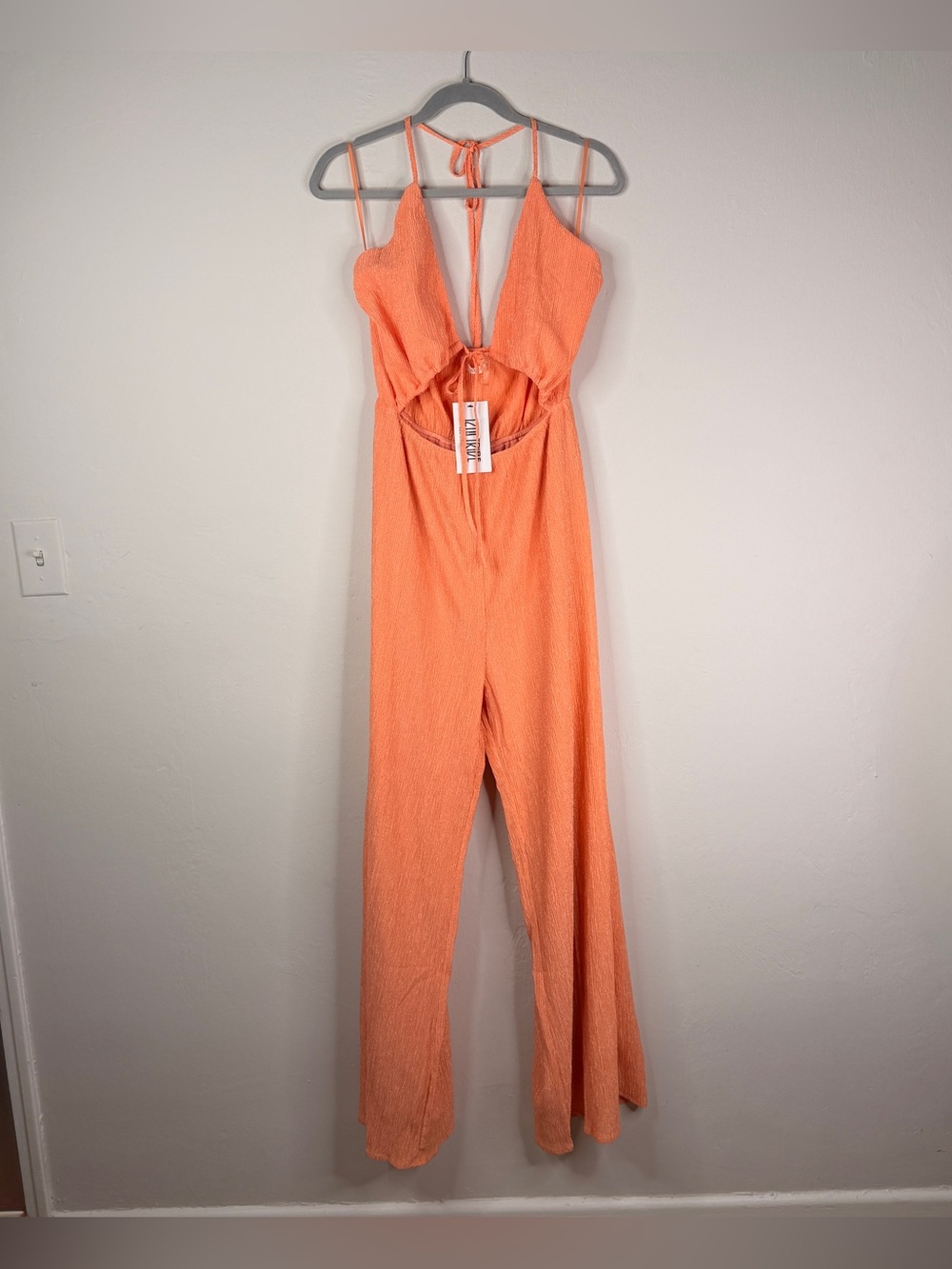 12th Tribe Peach Halter Tie-Front Wide-Leg Jumpsuit - Picture 3 of 13